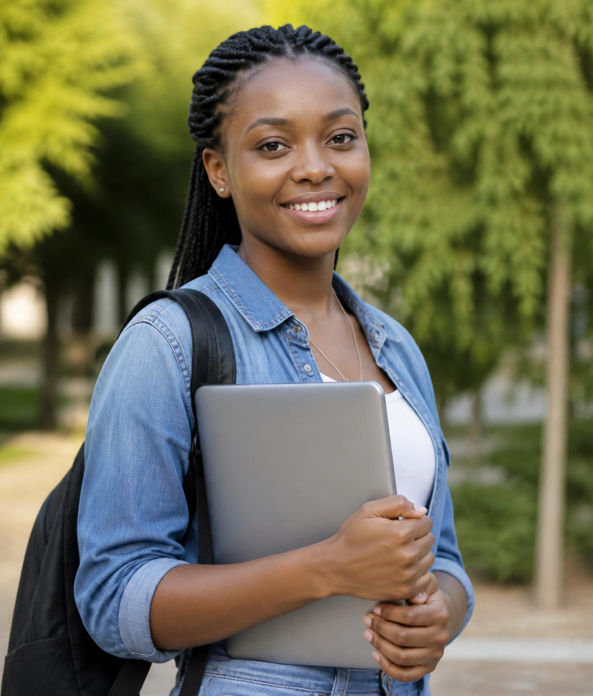A Nigerian student holding a laptop, ready to start her diploma programme